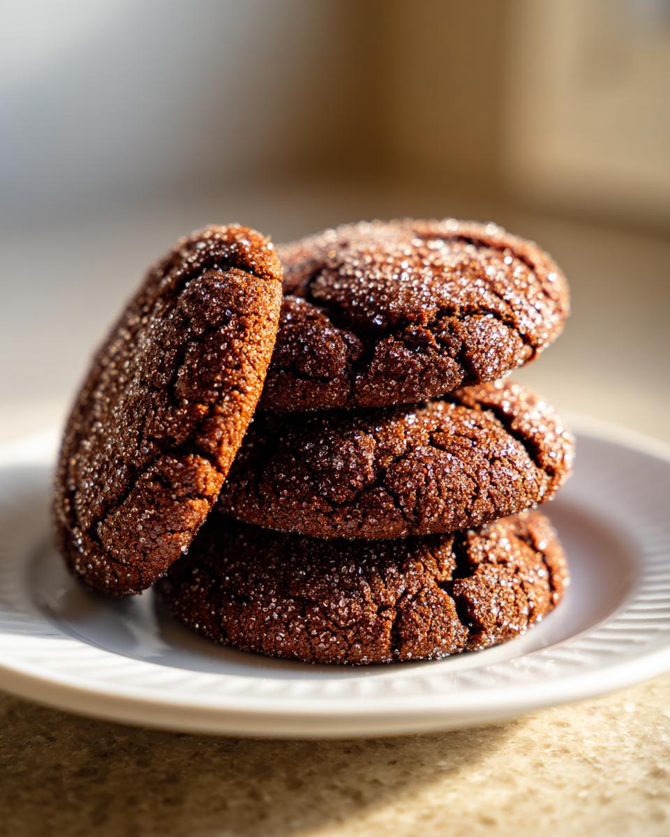 A stack of four dark, crinkled ginger molasses cookies heavily coated in sparkling sugar, resting on a white plate.