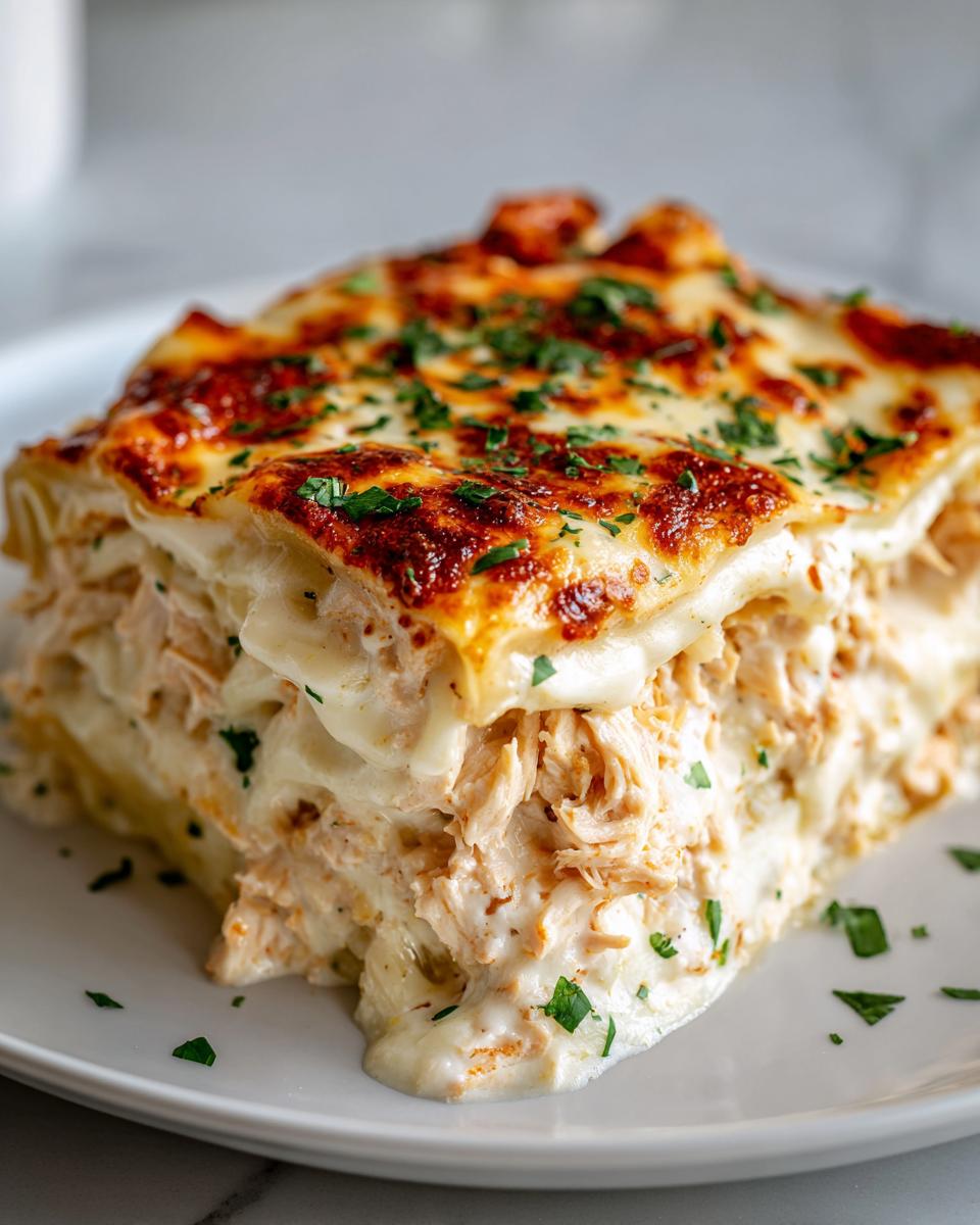 A thick, layered slice of rich Chicken Alfredo Lasagna showing shredded chicken and creamy sauce, topped with browned cheese and parsley.