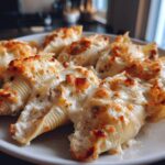 Close-up of baked chicken alfredo stuffed shells topped with melted, browned cheese.