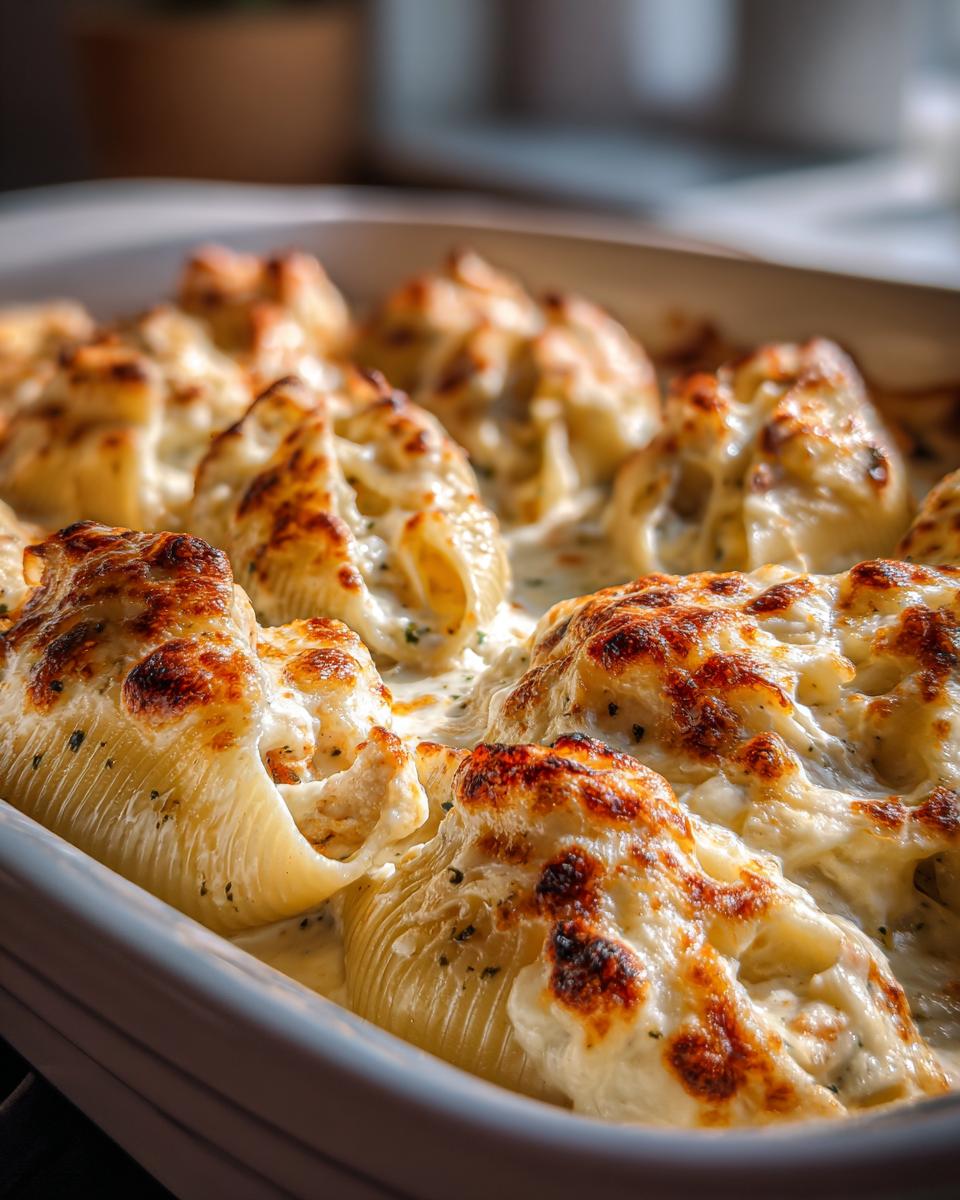 Close-up of baked chicken alfredo stuffed shells covered in creamy sauce and browned, bubbly cheese.