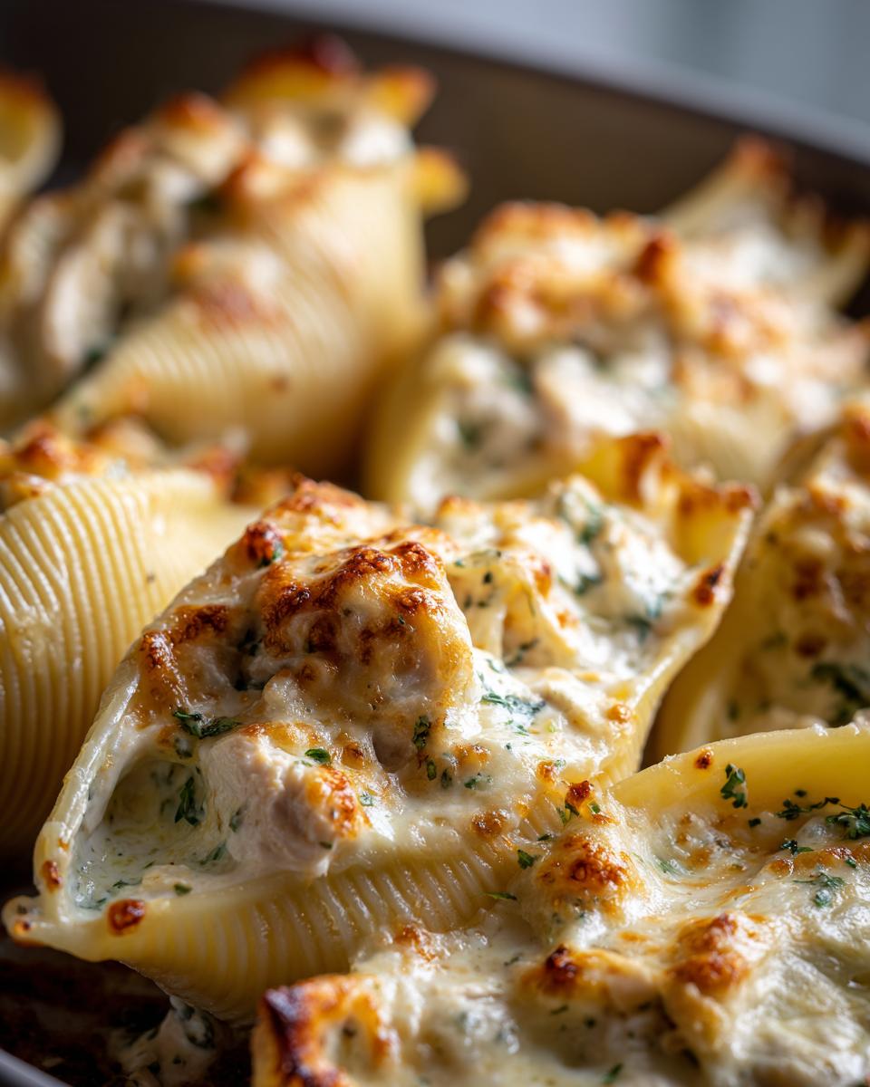 Close-up of baked chicken alfredo stuffed shells overflowing with creamy filling and topped with browned, bubbly cheese.
