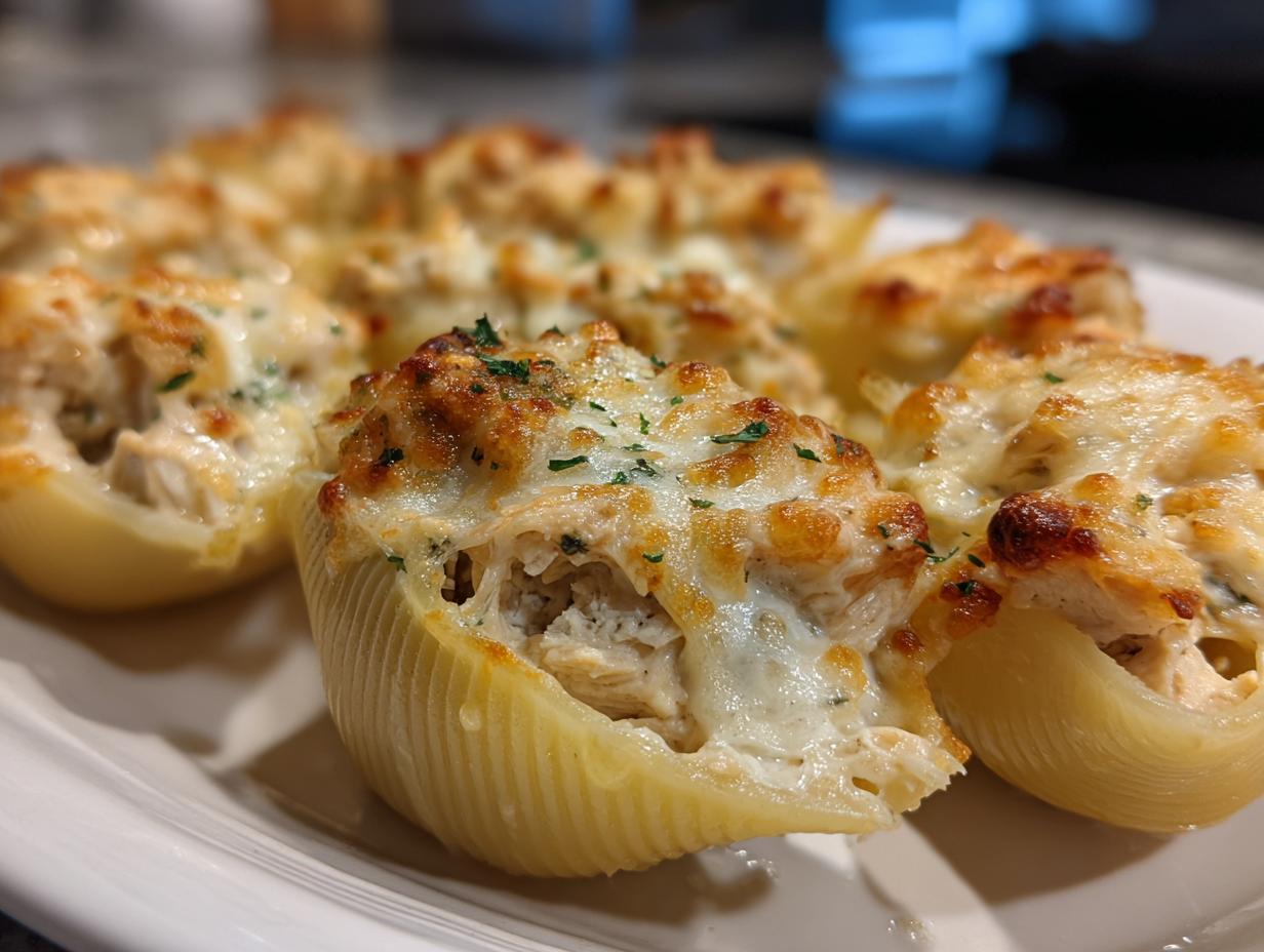 Close-up of baked chicken alfredo stuffed shells topped with golden, melted cheese and parsley.