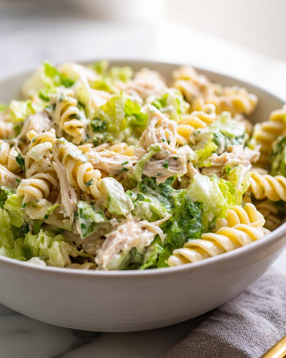 Close-up of creamy chicken caesar pasta salad featuring rotini pasta, shredded chicken, and crisp romaine lettuce.
