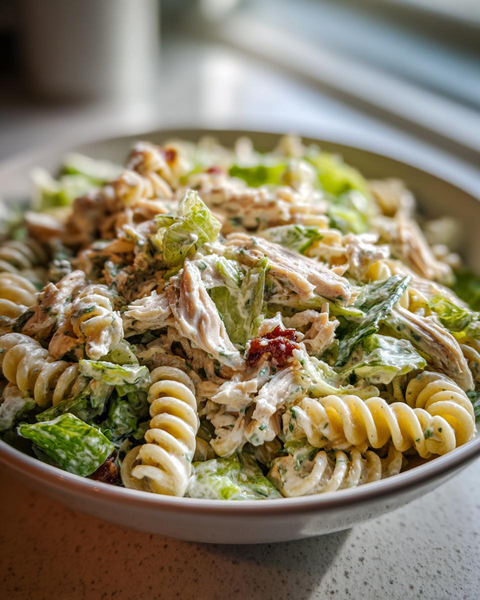 A close-up bowl of creamy chicken caesar pasta salad featuring rotini pasta, shredded chicken, and romaine lettuce.