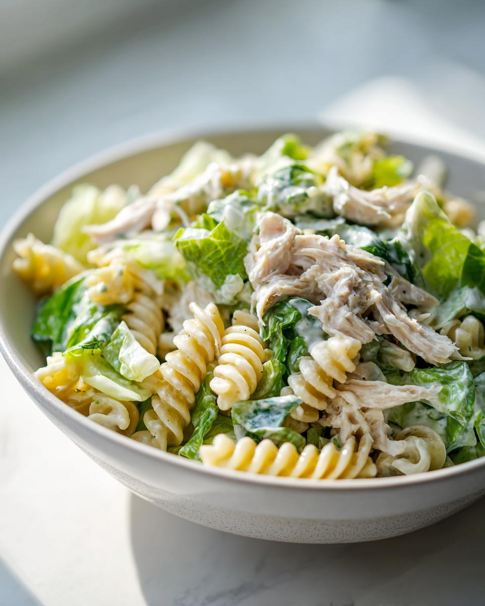Close-up of a bowl filled with creamy chicken caesar pasta salad featuring rotini pasta, shredded chicken, and romaine lettuce.