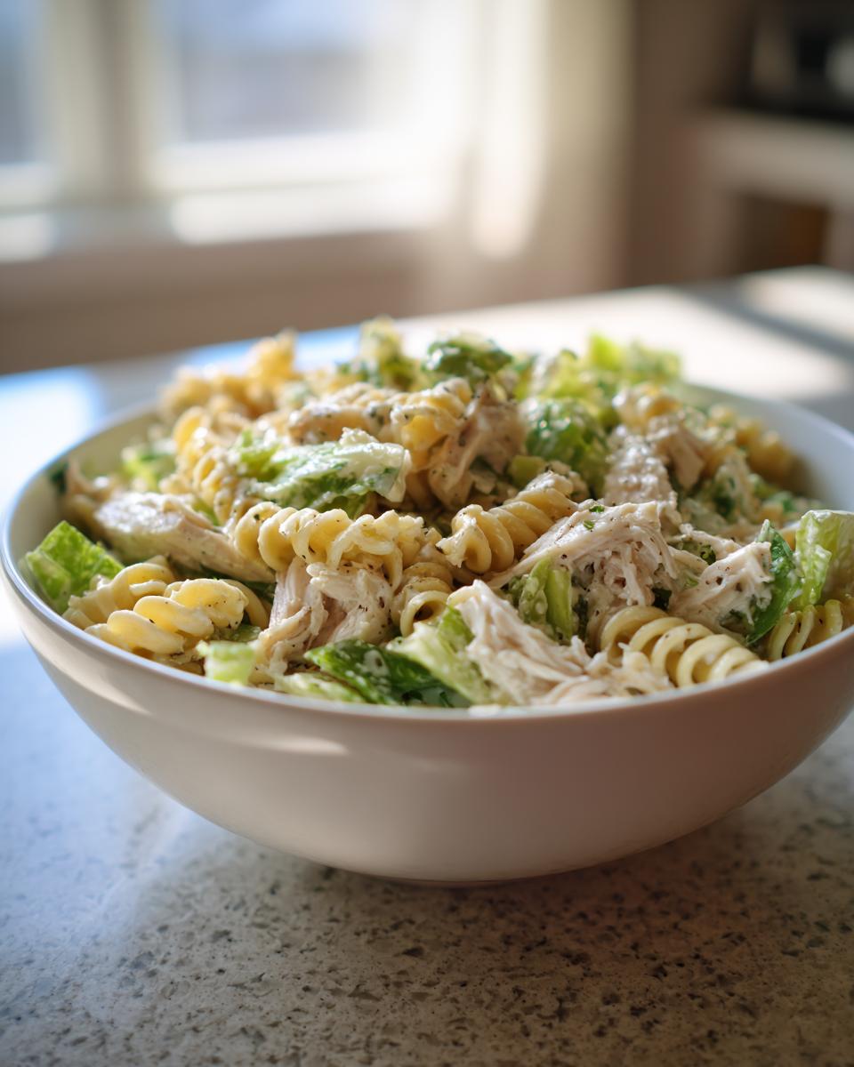 A white bowl filled with creamy chicken caesar pasta salad featuring rotini pasta, shredded chicken, and romaine lettuce.