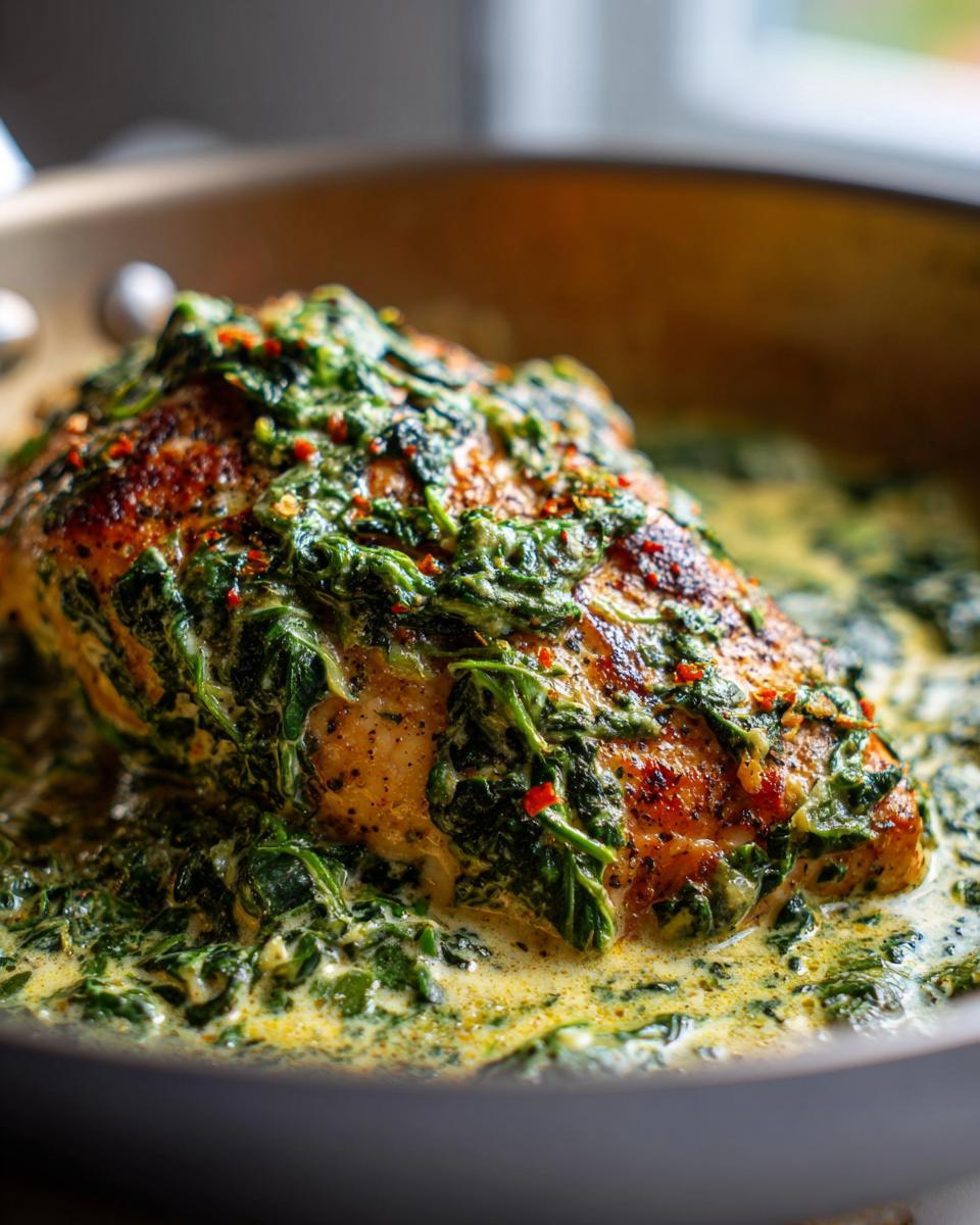 Close-up of a perfectly seared chicken florentine breast covered in a rich, creamy spinach sauce.