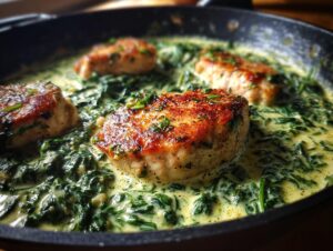 Close-up of seared chicken pieces submerged in a creamy spinach sauce, perfect for chicken florentine.