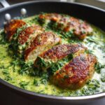 Close-up of seared chicken florentine pieces resting in a rich, creamy spinach sauce in a black skillet.