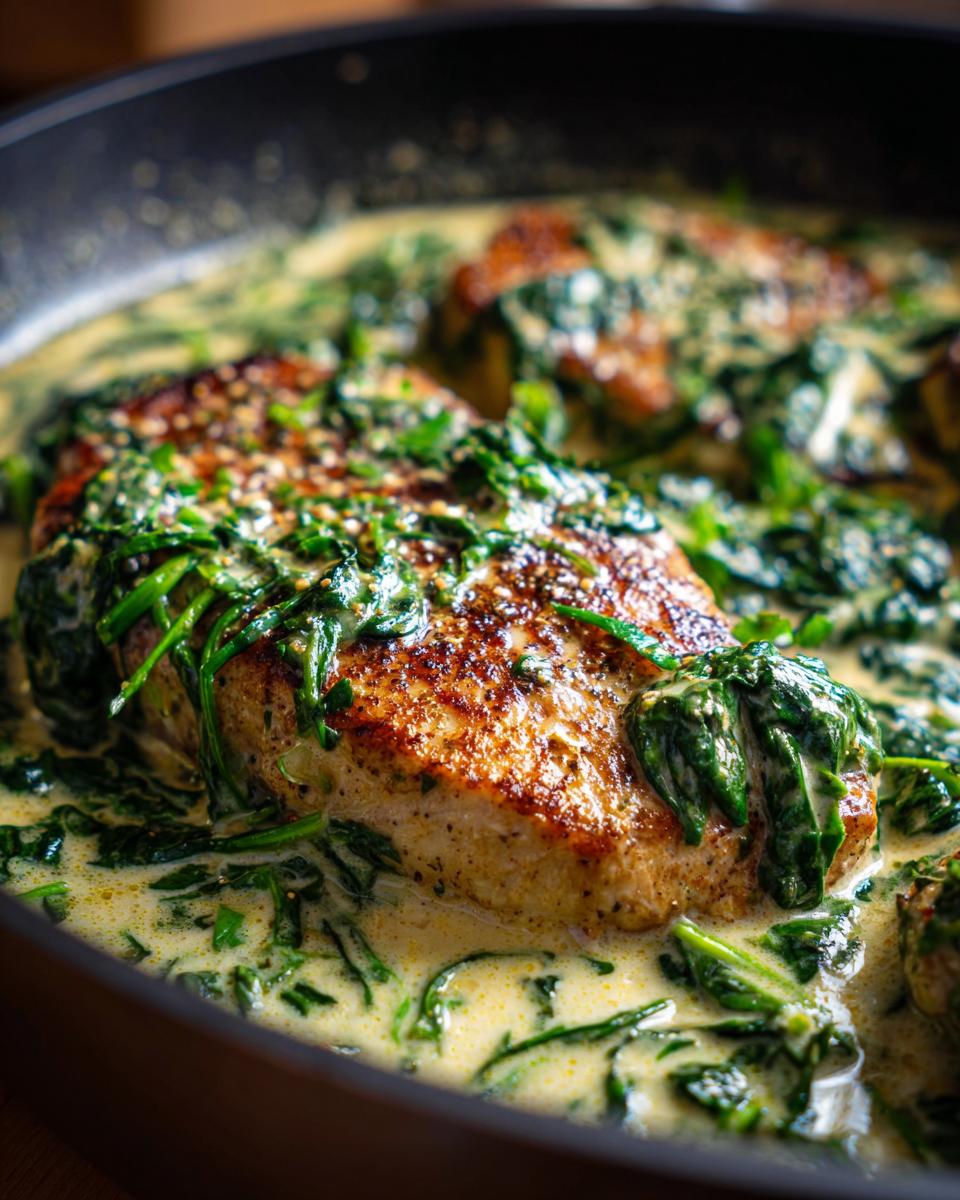Close-up of perfectly seared chicken florentine breasts smothered in a rich, creamy spinach sauce in a black skillet.