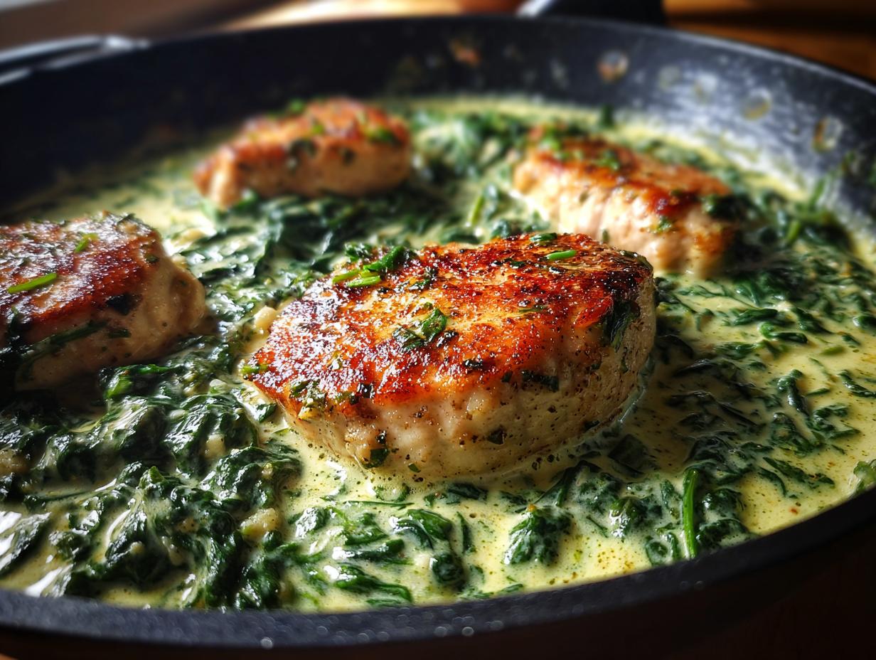 Close-up of seared chicken pieces submerged in a creamy spinach sauce, perfect for chicken florentine.