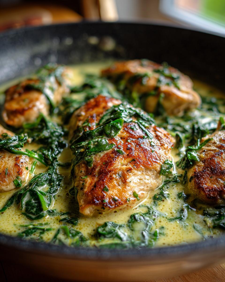Close-up of pan-seared chicken florentine breasts simmering in a rich, creamy garlic sauce with wilted spinach.