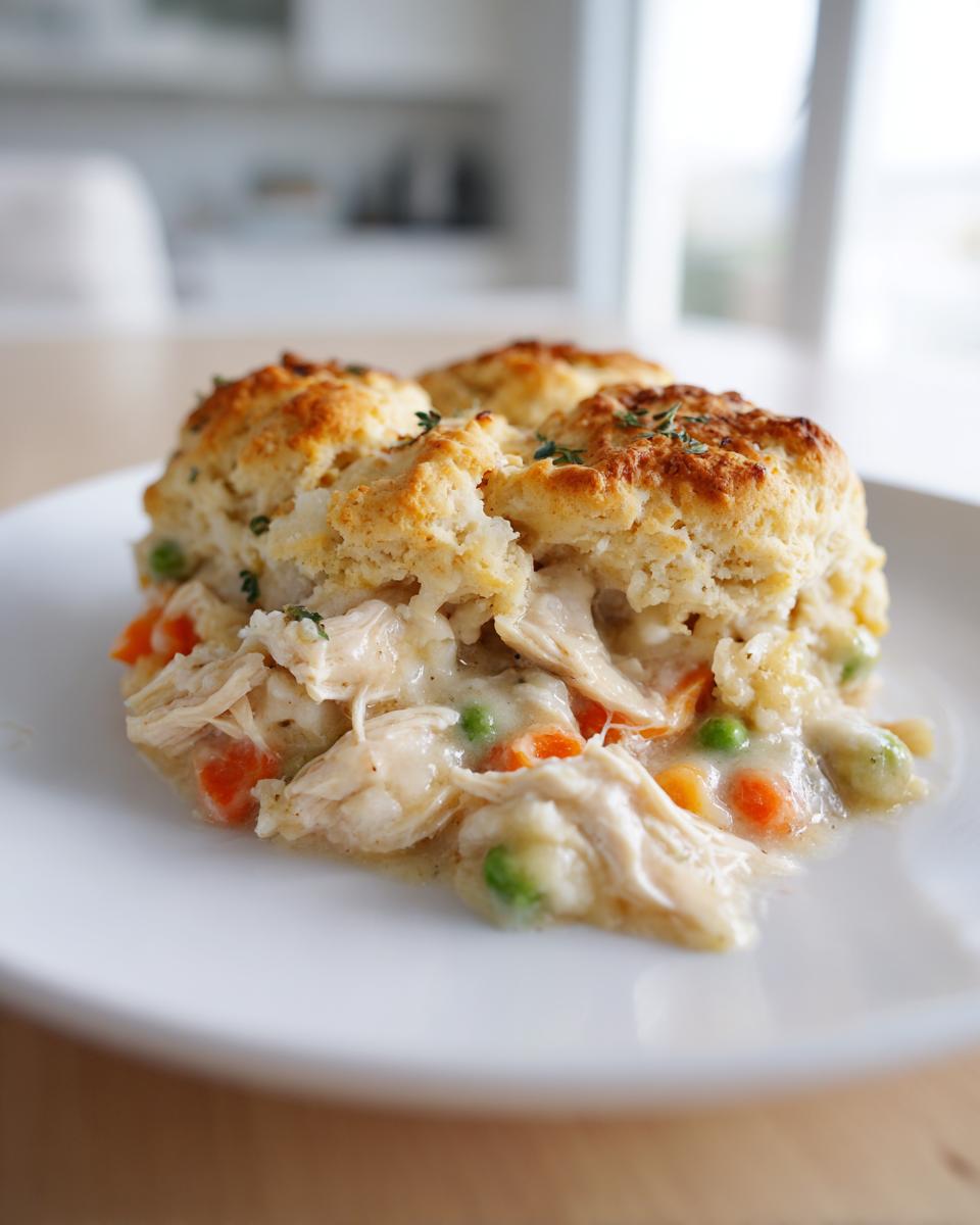 A close-up of a serving of chicken pot pie casserole topped with golden biscuits and garnished with thyme.