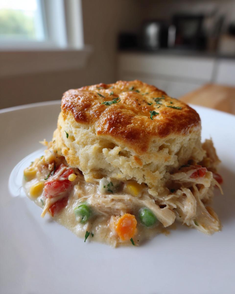 A single serving of creamy chicken pot pie casserole topped with a golden baked biscuit, garnished with parsley.