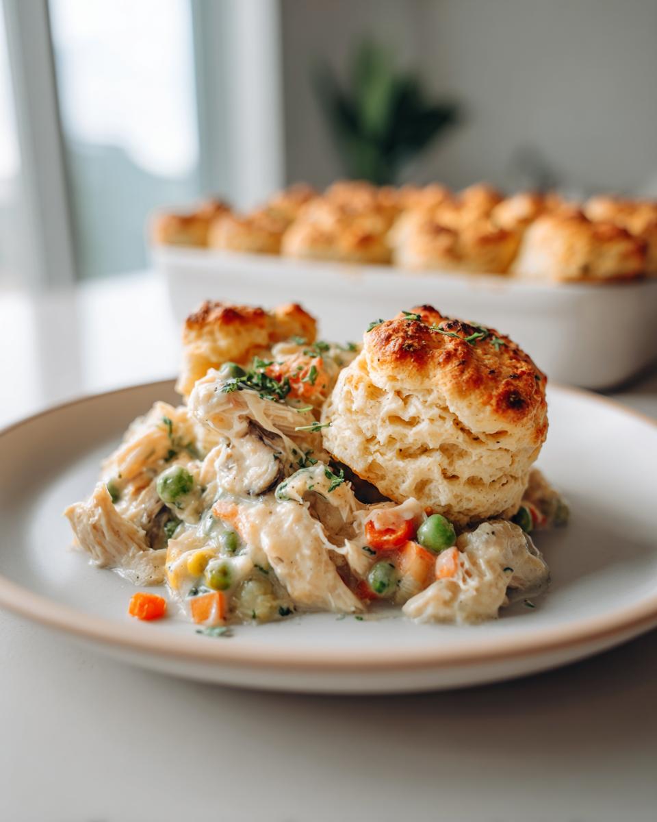 A serving of creamy chicken pot pie casserole topped with a golden biscuit and fresh herbs.