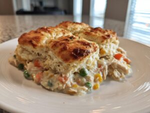 A serving of creamy chicken pot pie casserole topped with golden brown biscuits on a white plate.