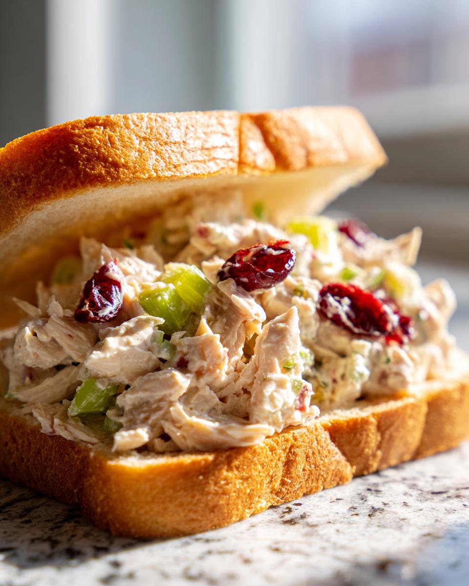Close-up of an open-faced chicken salad sandwich featuring shredded chicken, celery, and dried cranberries on white bread.