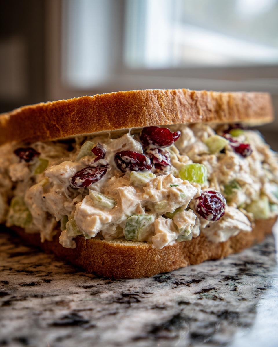 Close-up of a thick chicken salad sandwich overflowing with creamy filling, dried cranberries, and celery chunks on toasted bread.
