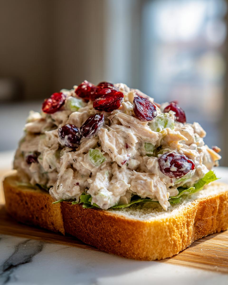 A generous mound of creamy chicken salad sandwich filling, topped with dried cranberries, sitting on lettuce and white bread.