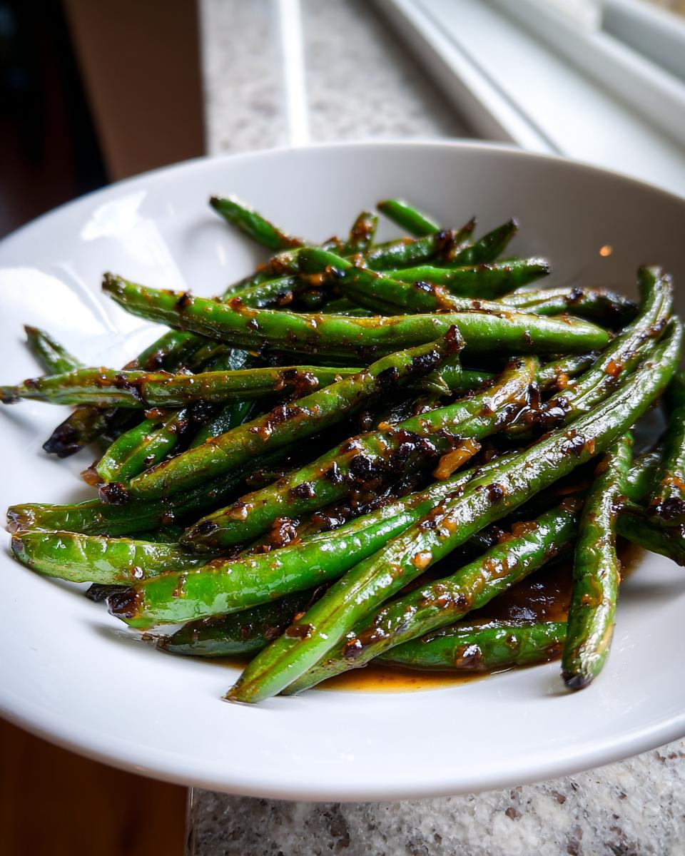 A white bowl filled with vibrant green beans coated in a savory, dark chinese green beans with garlic sauce.