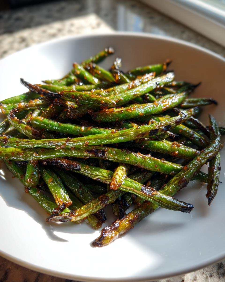 Close-up of perfectly charred chinese green beans with garlic sauce served in a white bowl.