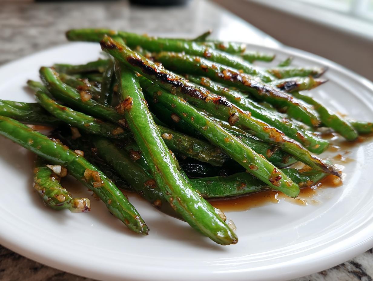A close-up of vibrant green beans coated in a savory garlic sauce, featuring slight charring.