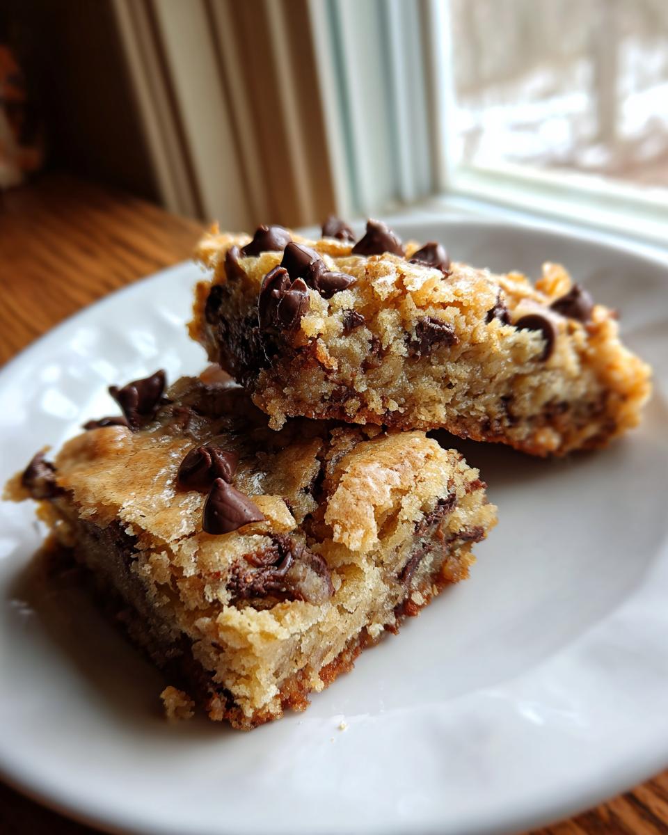 Two rich, chewy cake mix cookie bars topped with melted chocolate chips, stacked on a white plate.