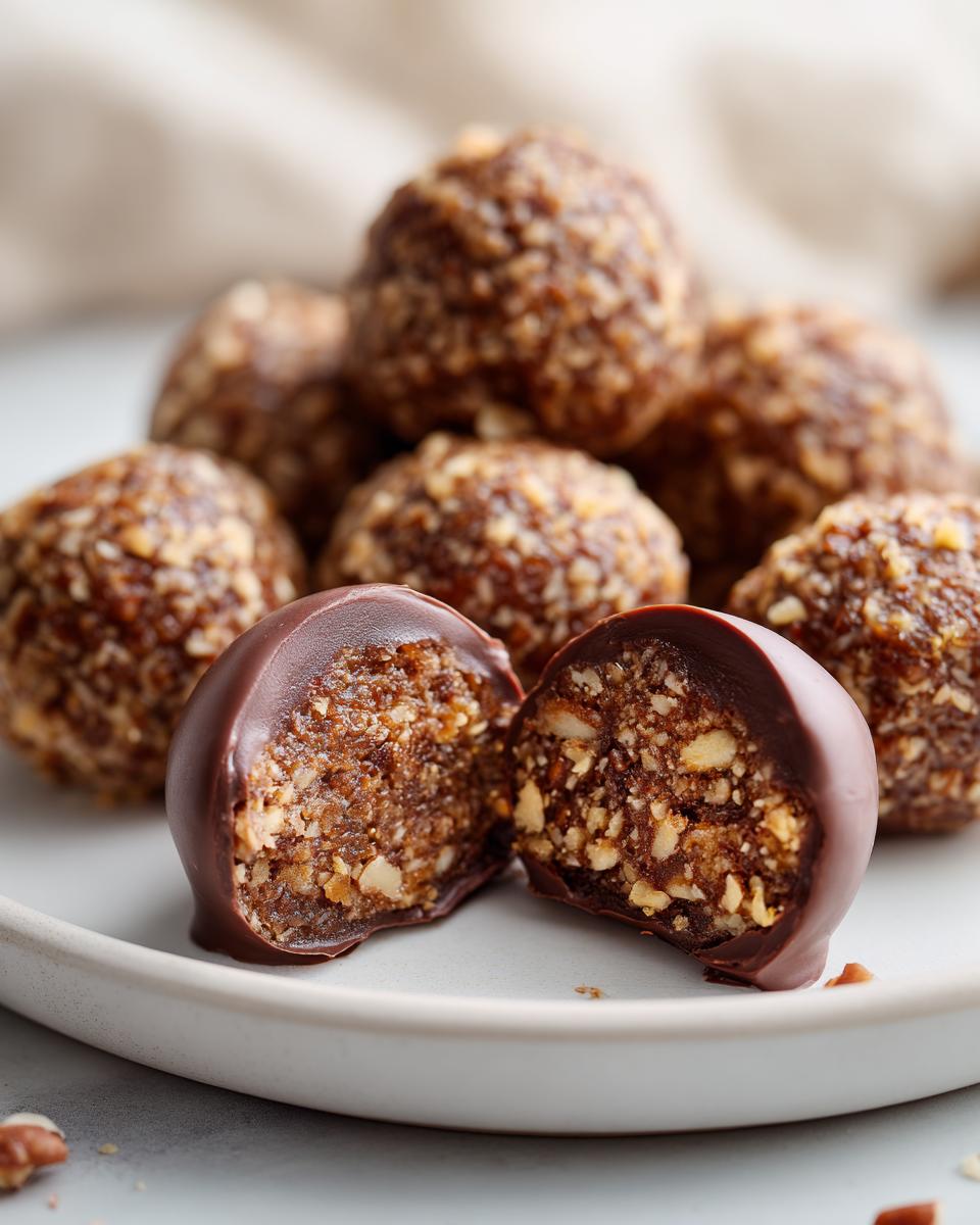Close-up of chocolate-dipped pecan pie balls, one cut open revealing the nutty filling.
