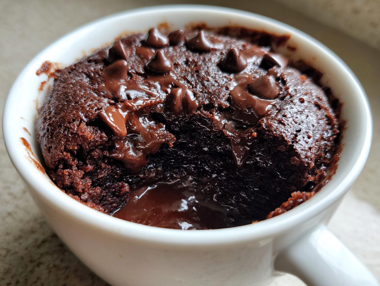 Close-up of a rich, dark chocolate mug cake with melted chocolate chips and a gooey center.
