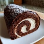 A cross-section view of a rich chocolate yule log cake showing the dark sponge rolled around a white cream filling.