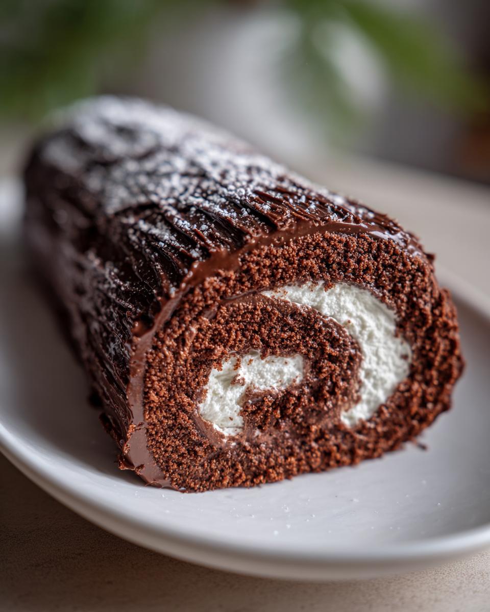 Close-up of a slice of chocolate yule log cake showing the dark sponge, white cream swirl, and chocolate frosting.