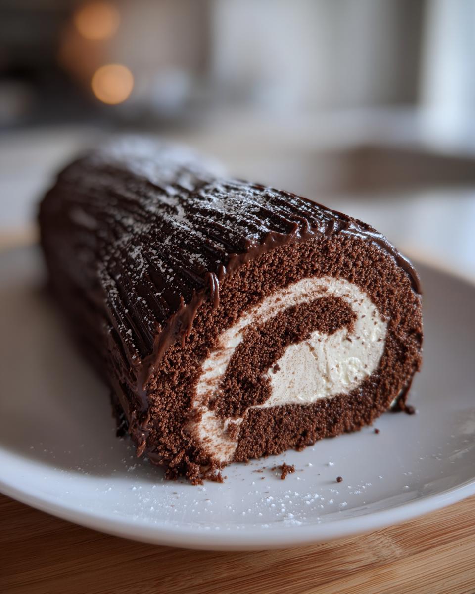 A slice of rich chocolate yule log cake with cream filling, covered in ganache and dusted with powdered sugar.