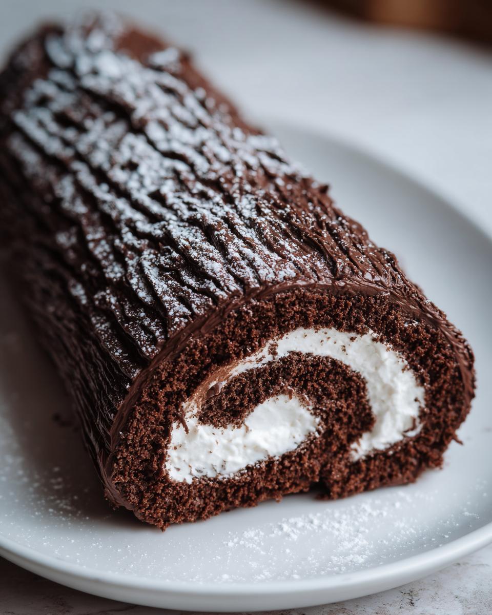 A cross-section view of a chocolate yule log cake showing the dark sponge rolled with white cream filling.
