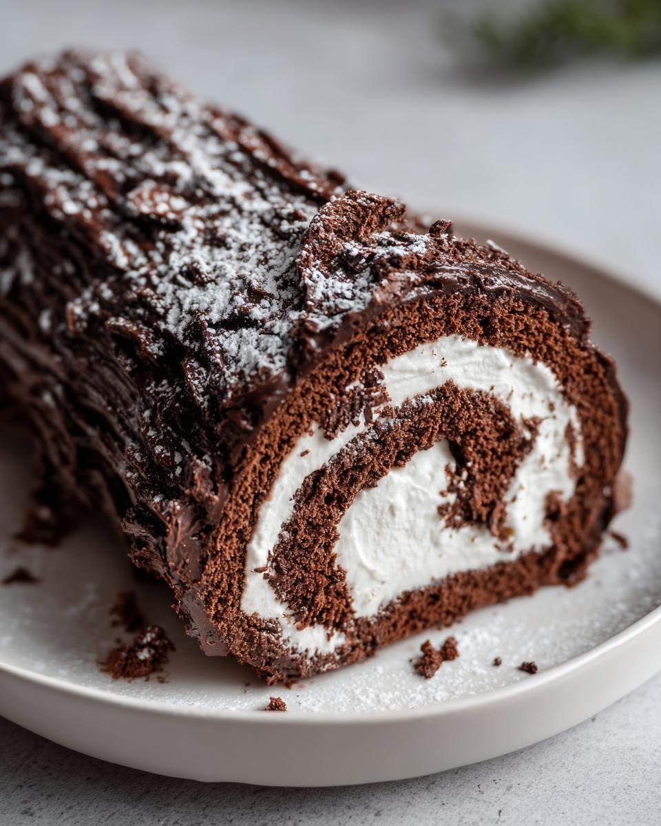 Close-up of a slice of rich chocolate yule log cake showing the swirl of dark cake and white cream filling, dusted with powdered sugar.