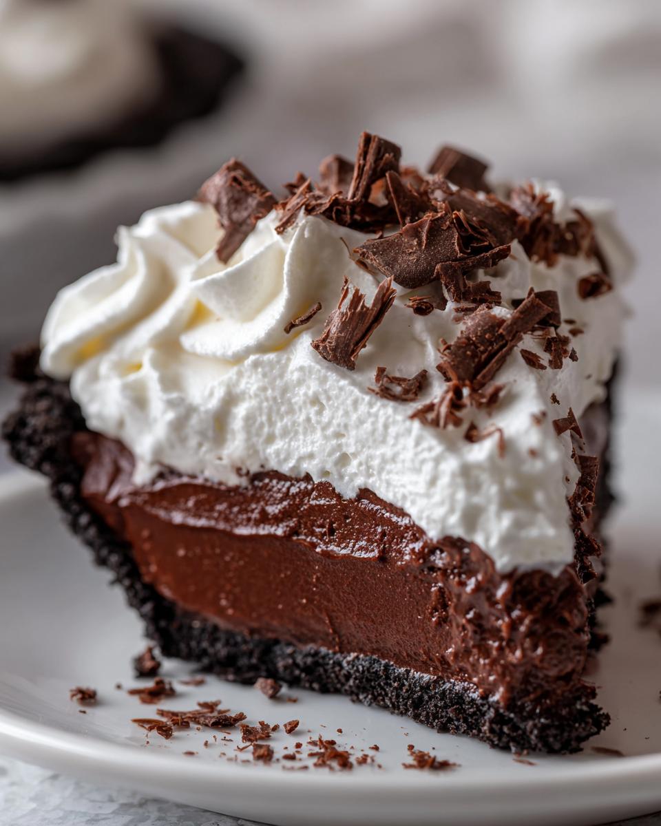 A close-up of a rich slice of Christmas chocolate cream pie with a dark crust, chocolate filling, and whipped topping.