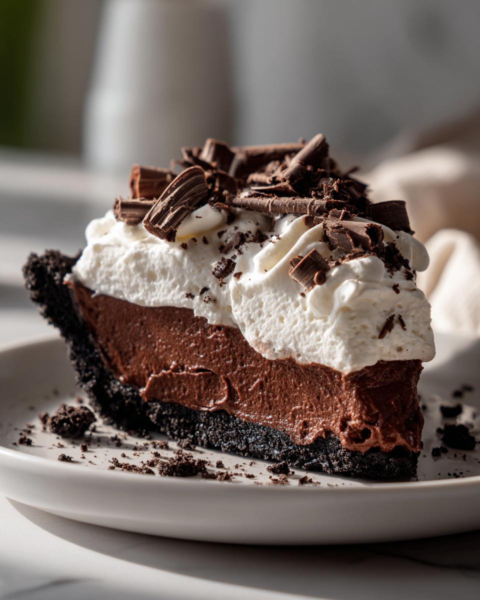 A rich slice of Christmas chocolate cream pie featuring a dark crust, chocolate filling, whipped cream, and chocolate shavings.