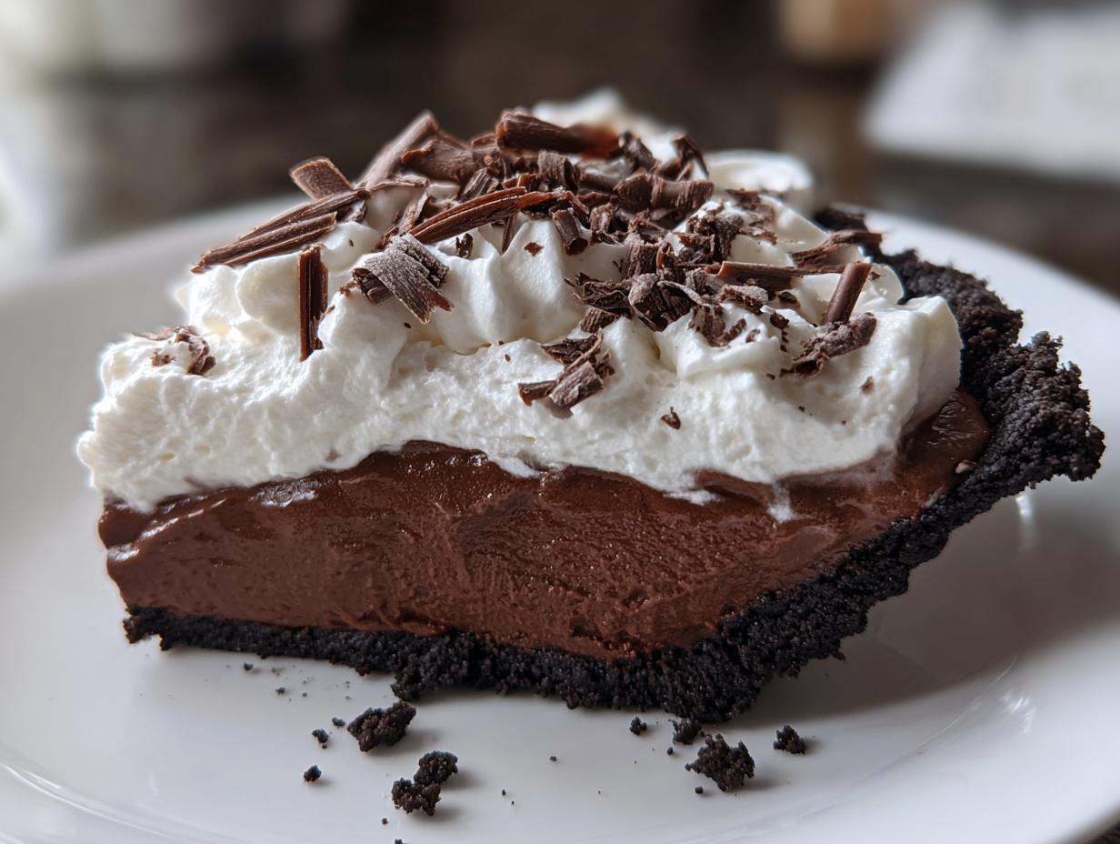 A rich slice of Christmas chocolate cream pie featuring a dark crust, thick chocolate filling, and whipped cream topped with chocolate shavings.