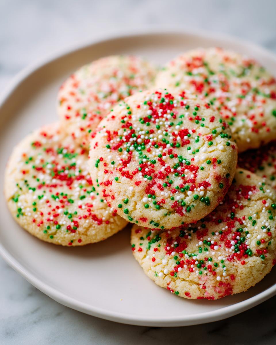 Close-up of several soft Christmas sprinkle sugar cookies topped with red, green, and white nonpareils on a light plate.