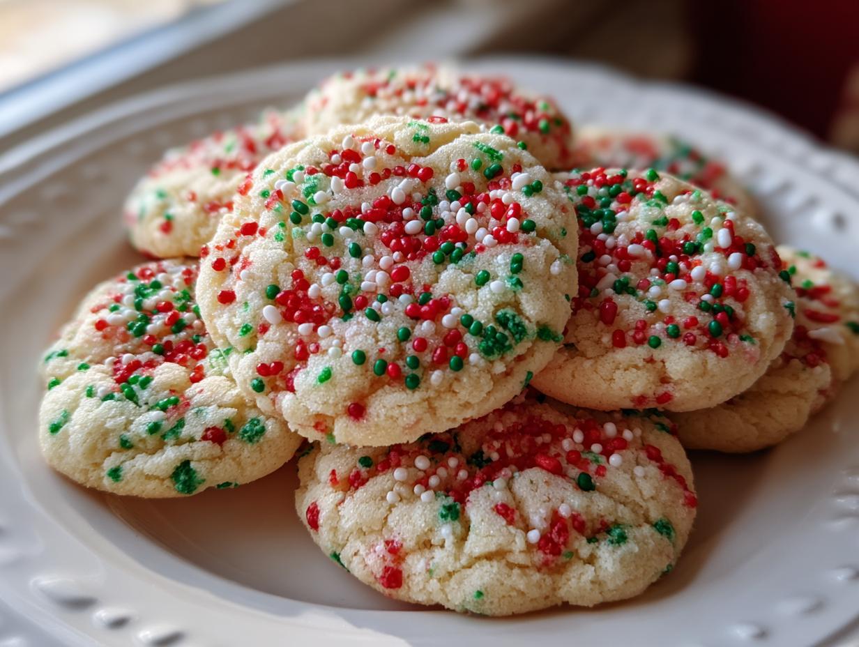 A close-up of several soft, round christmas sprinkle sugar cookies topped with red, green, and white nonpareils on a white plate.
