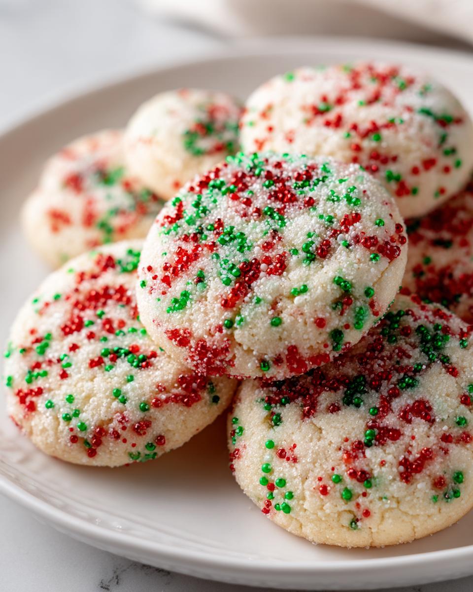 A close-up of several soft Christmas sprinkle sugar cookies topped with red and green nonpareils.