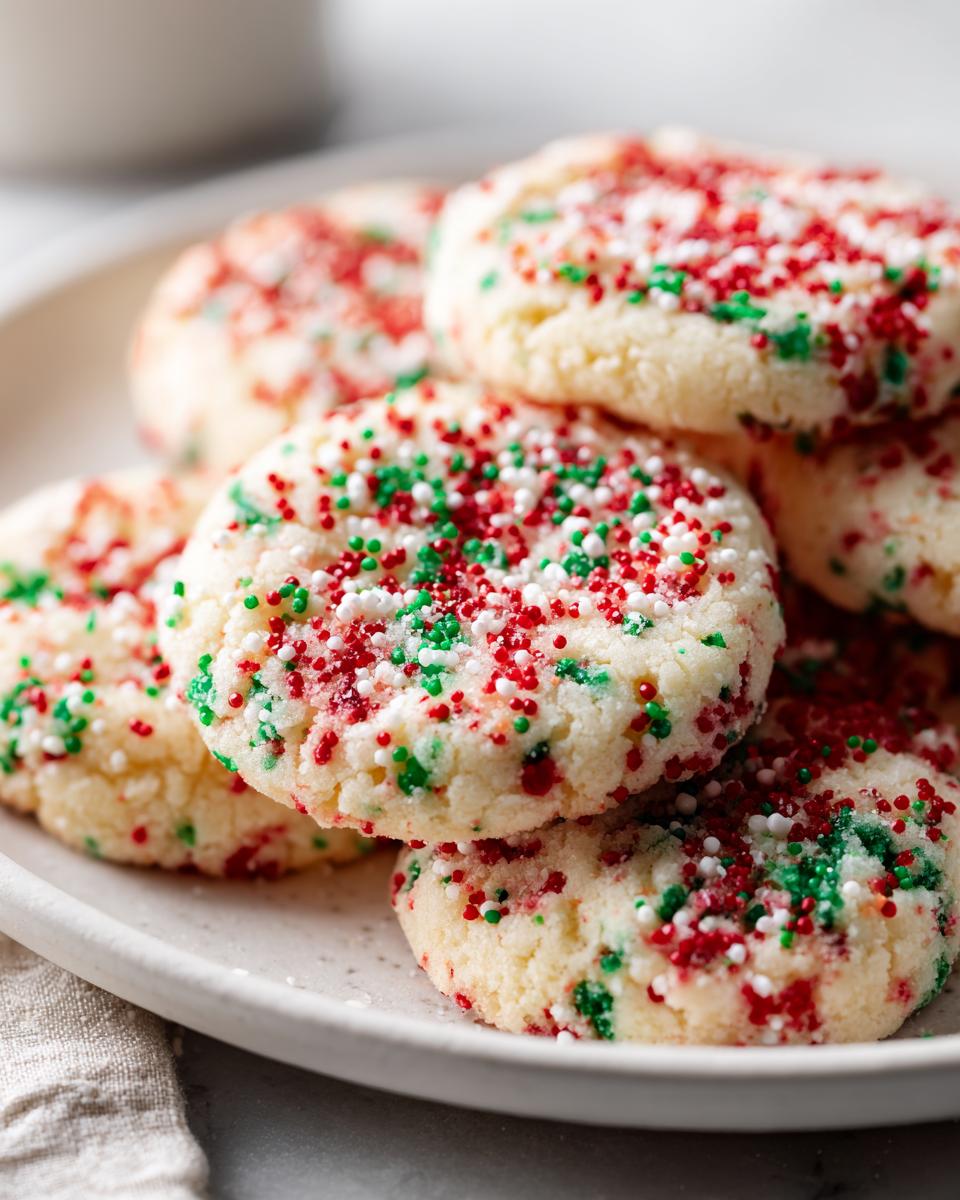 A stack of soft, round christmas sprinkle sugar cookies topped with red, green, and white nonpareils.