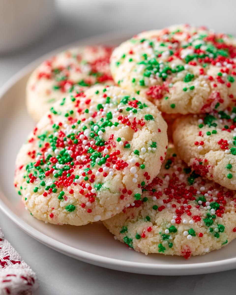 A stack of soft, round christmas sprinkle sugar cookies topped with red, green, and white nonpareils.