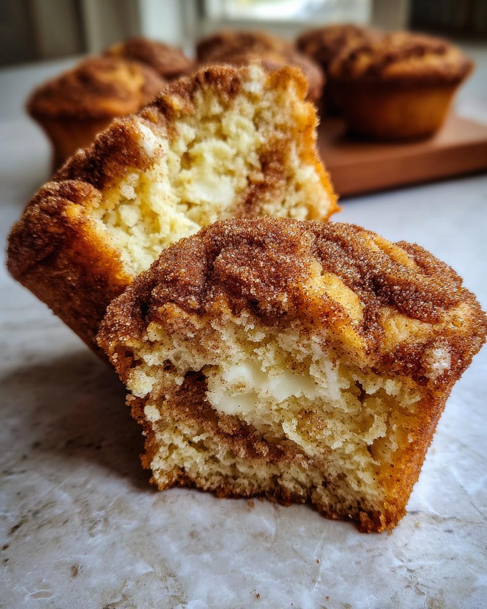 Close-up of a cinnamon cream cheese muffin cut in half, showing the soft interior and cream cheese filling.