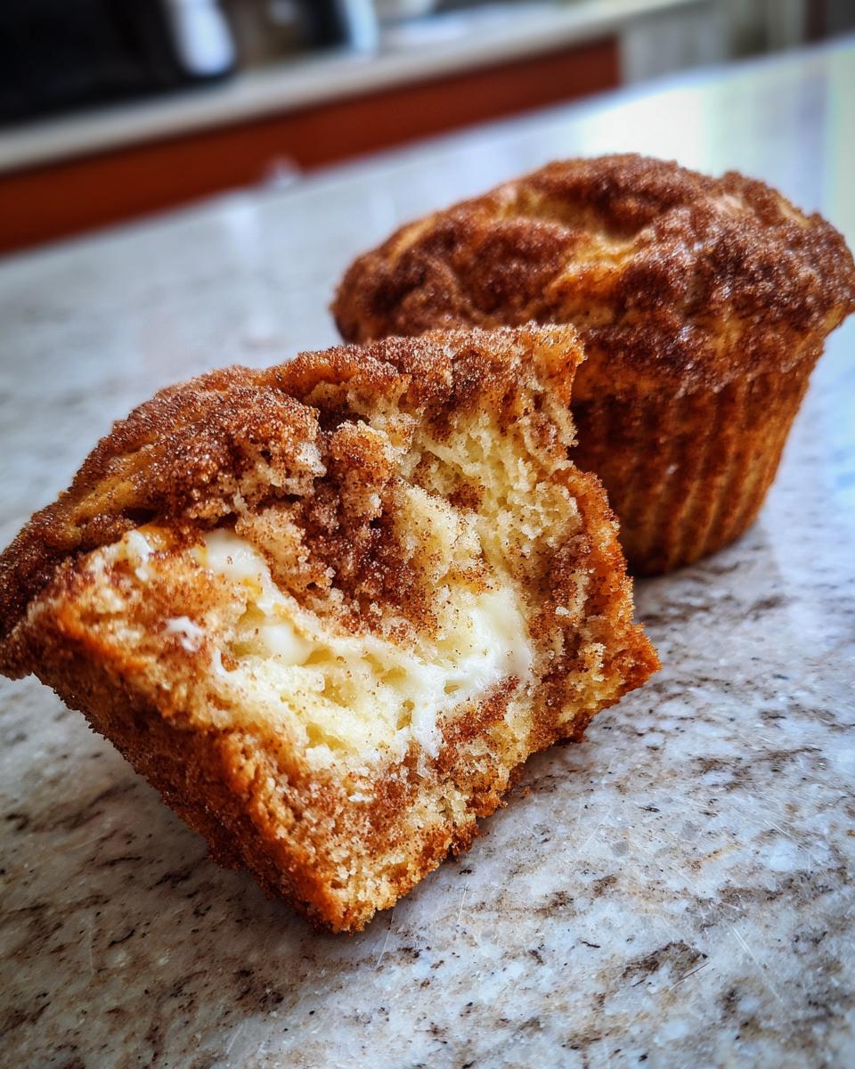 Close-up of a cinnamon cream cheese muffin cut in half, showing the creamy center filling.