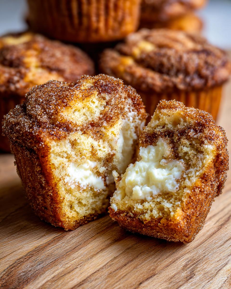 A cinnamon cream cheese muffin split in half showing the rich cream cheese filling inside.