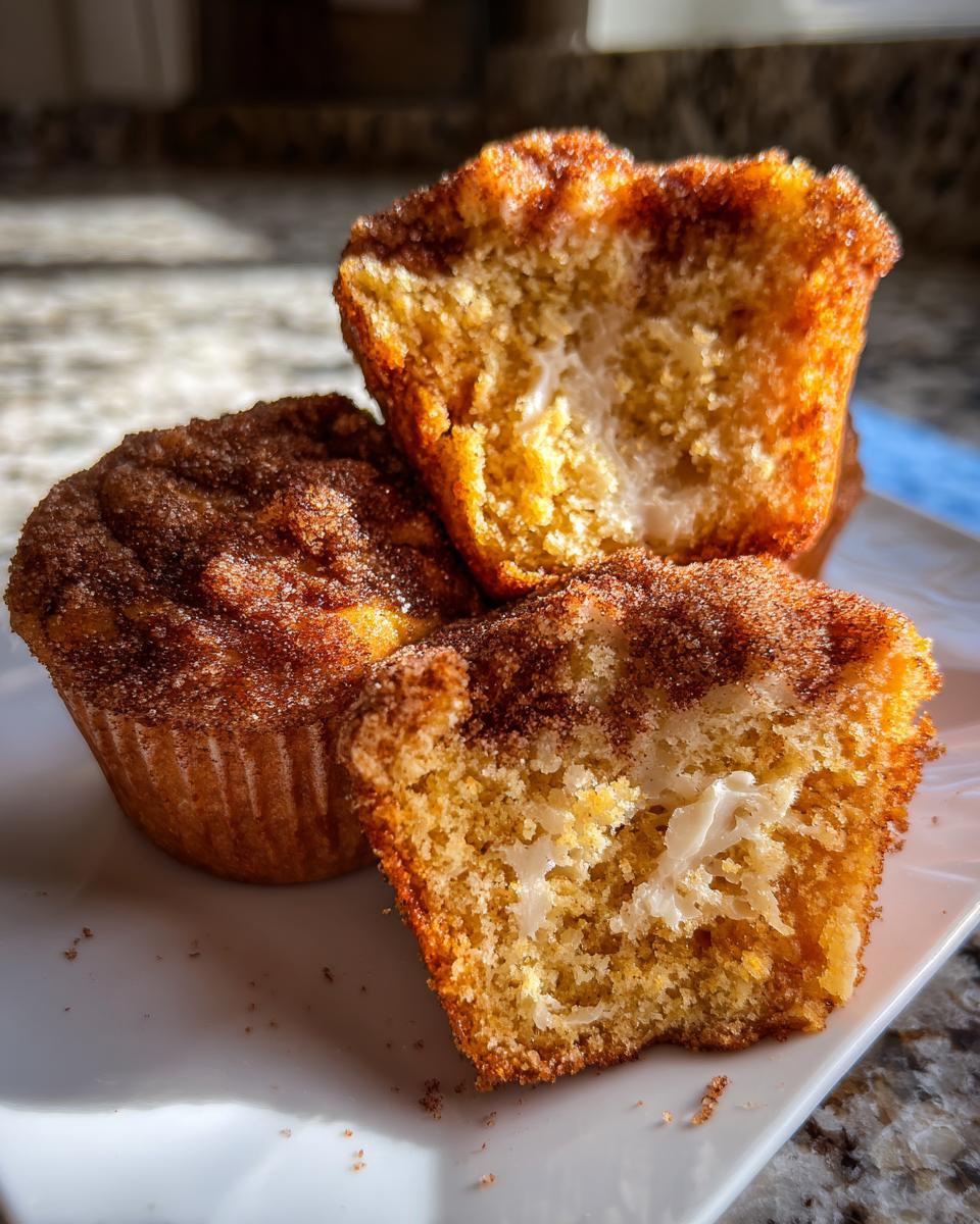 Three cinnamon cream cheese muffins on a white plate, one cut open revealing the creamy center.