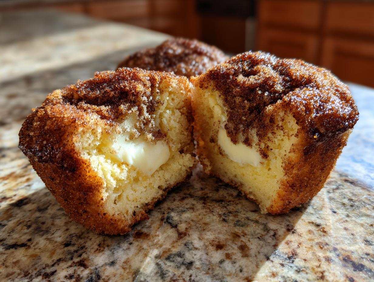 A cinnamon cream cheese muffin cut in half showing the soft interior and gooey cream cheese center.