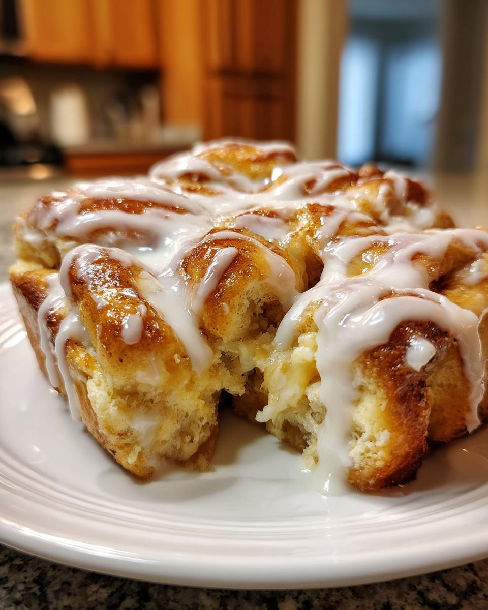 A close-up view of a portion of the baked Cinnamon Roll Casserole, drizzled heavily with white icing.