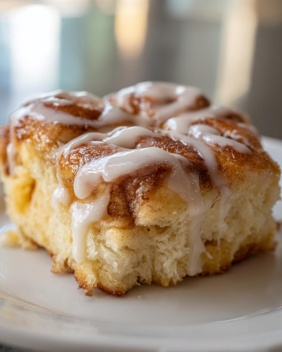 A close-up of a soft, fluffy piece of Cinnamon Roll Casserole topped with thick white icing.