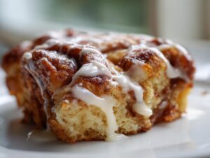 Close-up of a single serving of Cinnamon Roll Casserole, drizzled generously with white icing.
